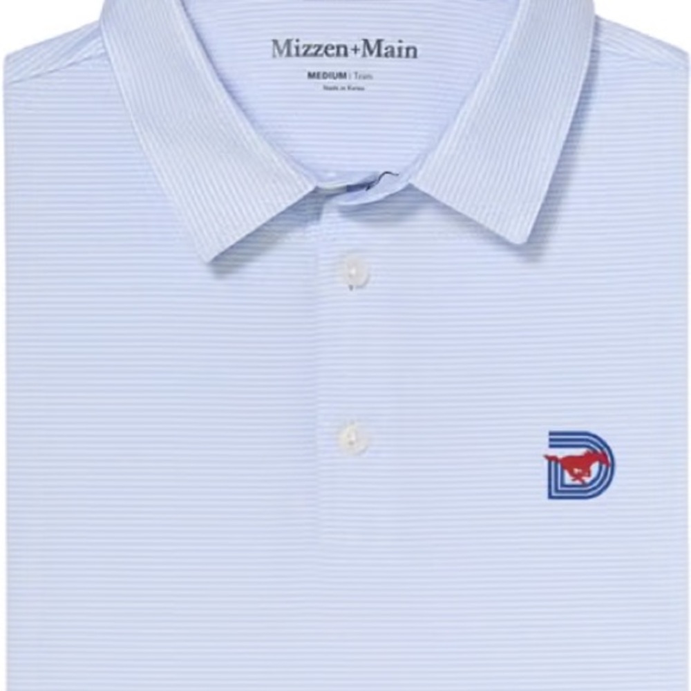 Mizzen+Main Light Blue Pinstripe Polo with Red Logo Accent